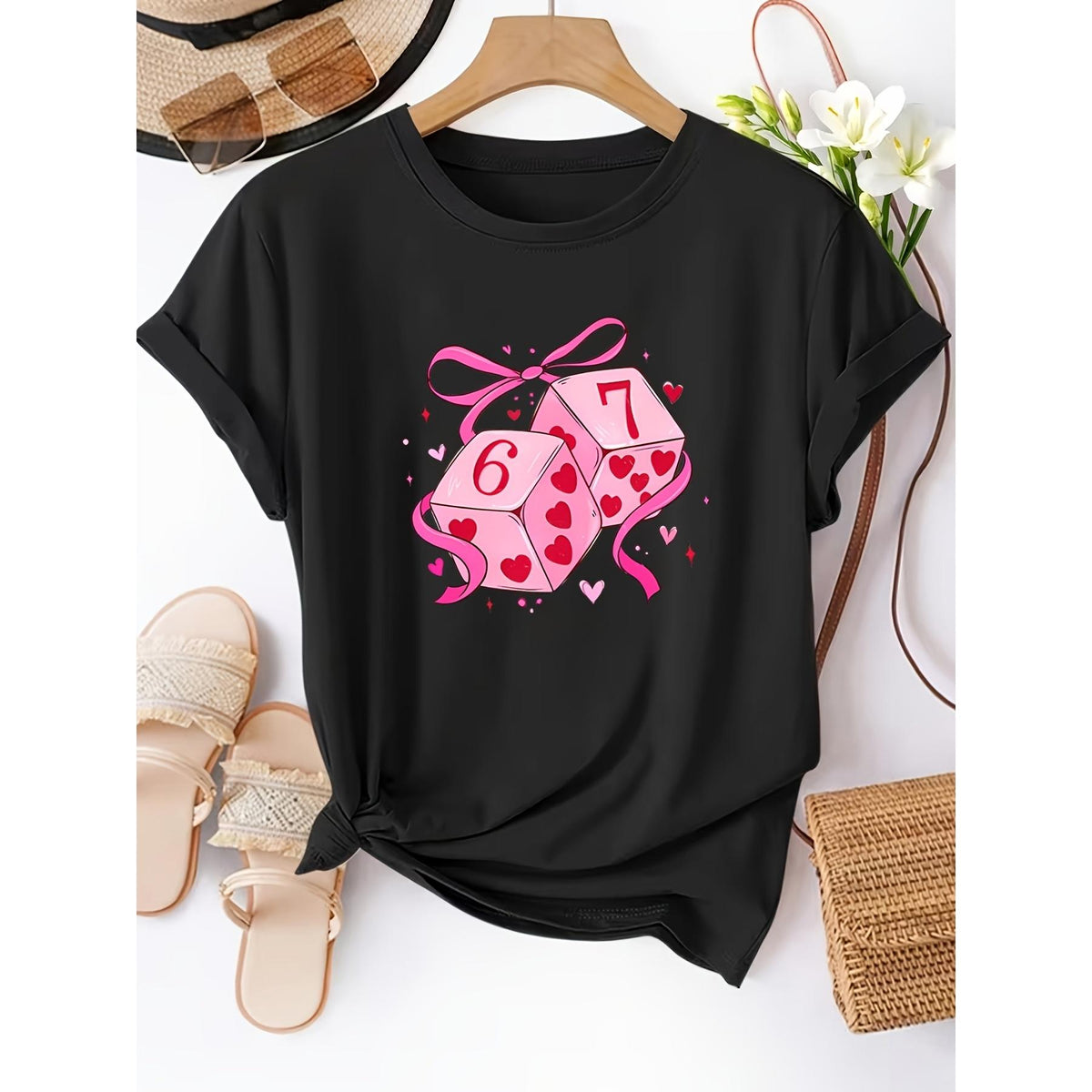 Valentine's Day Heart Dice Bow Print Short Sleeve T-Shirt, Casual Round Neck Versatile Top, Comfortable Wear for Spring Summer Autumn, Gift for Her, Lightweight Material
