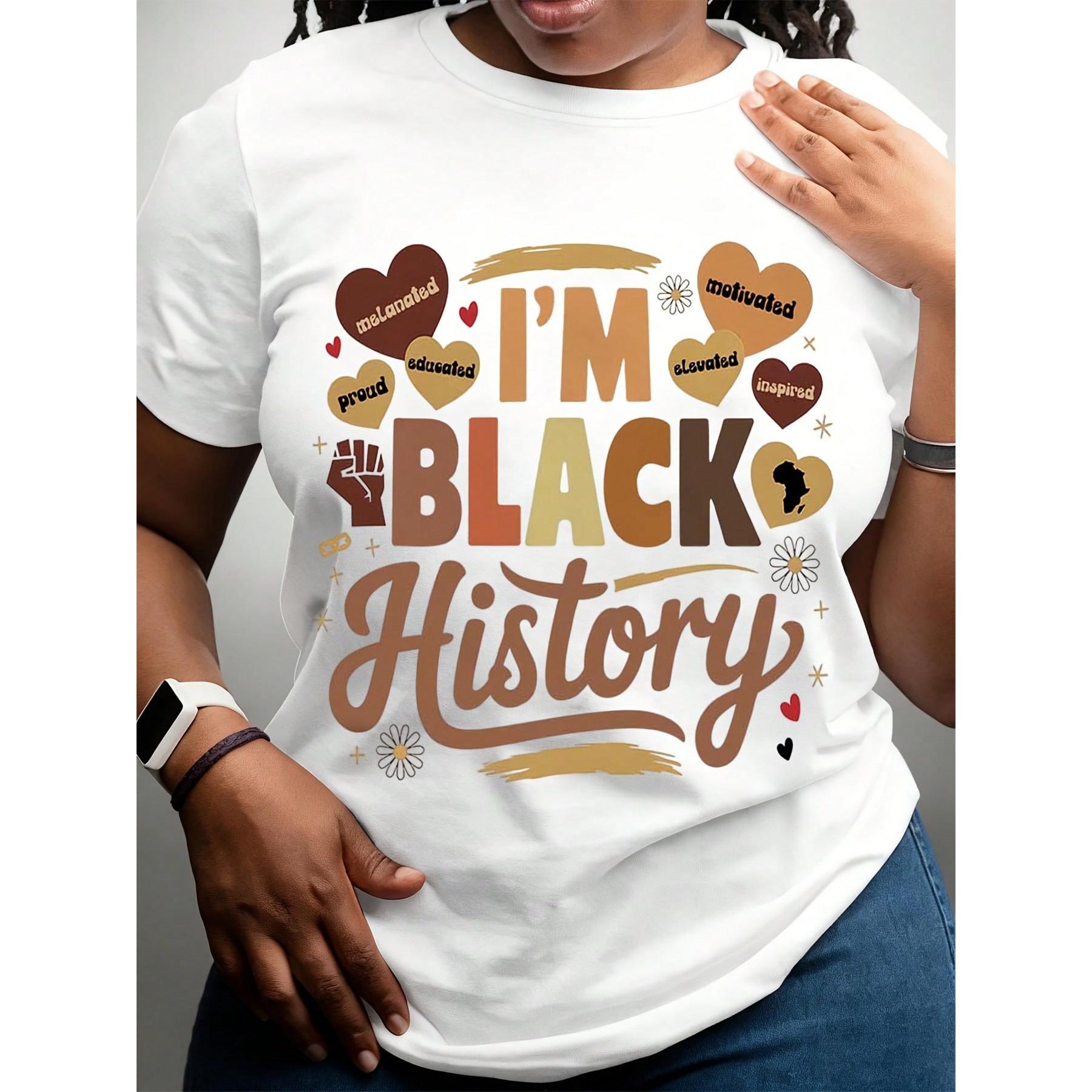 Women's Black History Long Sleeve Crew Neck T-Shirt - I'm Black History Graphic With Heart & Lightning Design, White Polyester Casual Top For Fall & Winter, Everyday Tshirt  Crew Neck Top  Polyester Fabric