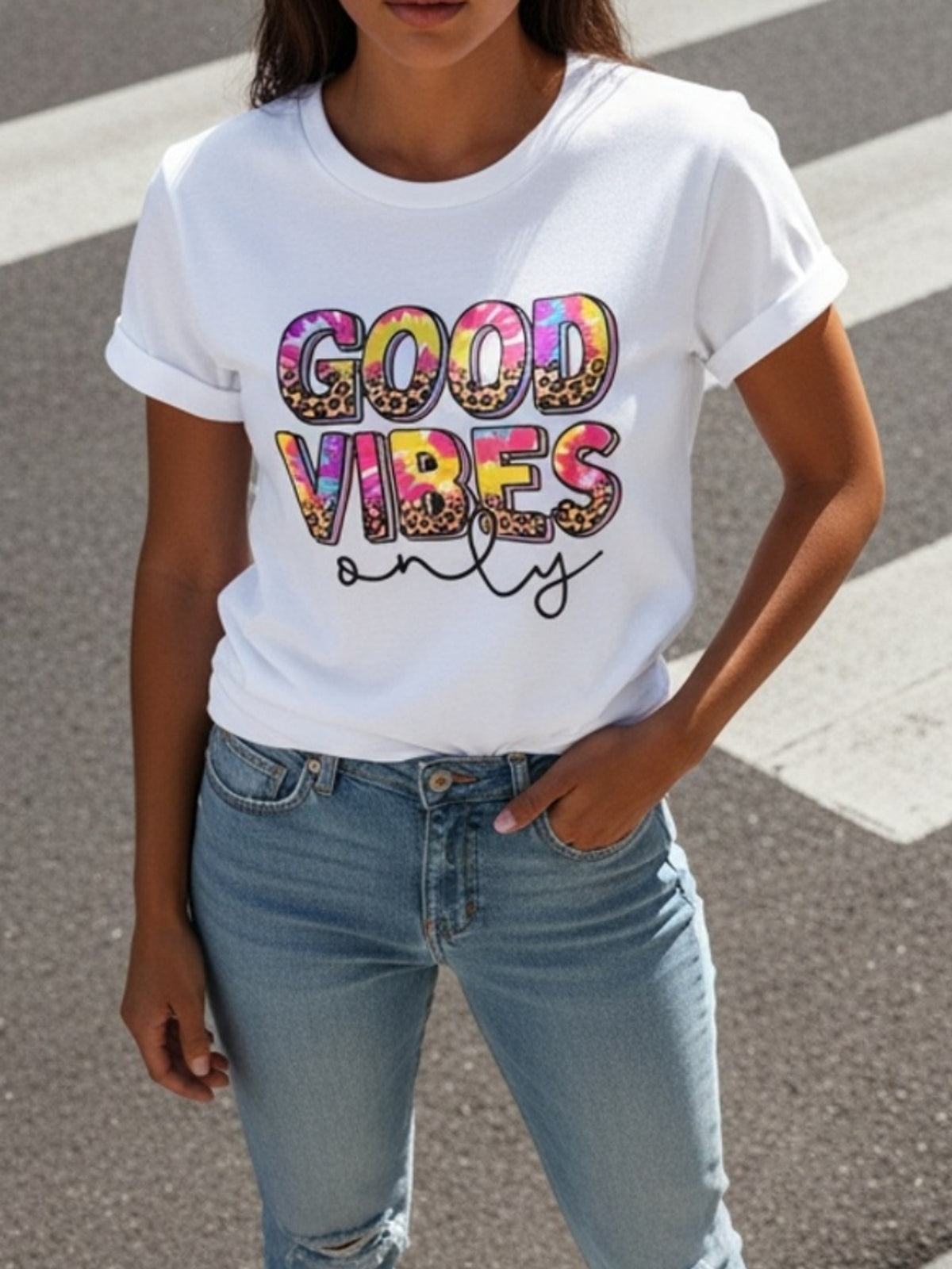Good Vibes Only Leopard Tie‑Dye Graphic T‑Shirt, Positive Vibe Casual Short Sleeve Tee for Women