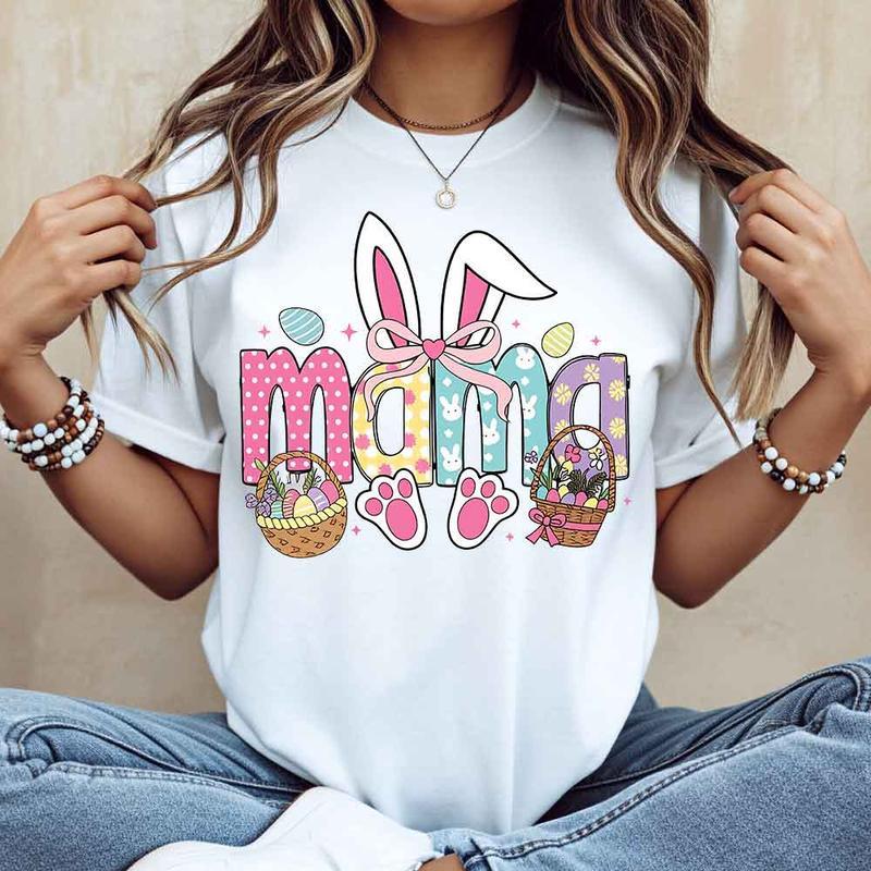 Easter Bunny Mama T-Shirt White Easter Bunny Ears Basket And Paw Prints Mom Design For Spring Celebration