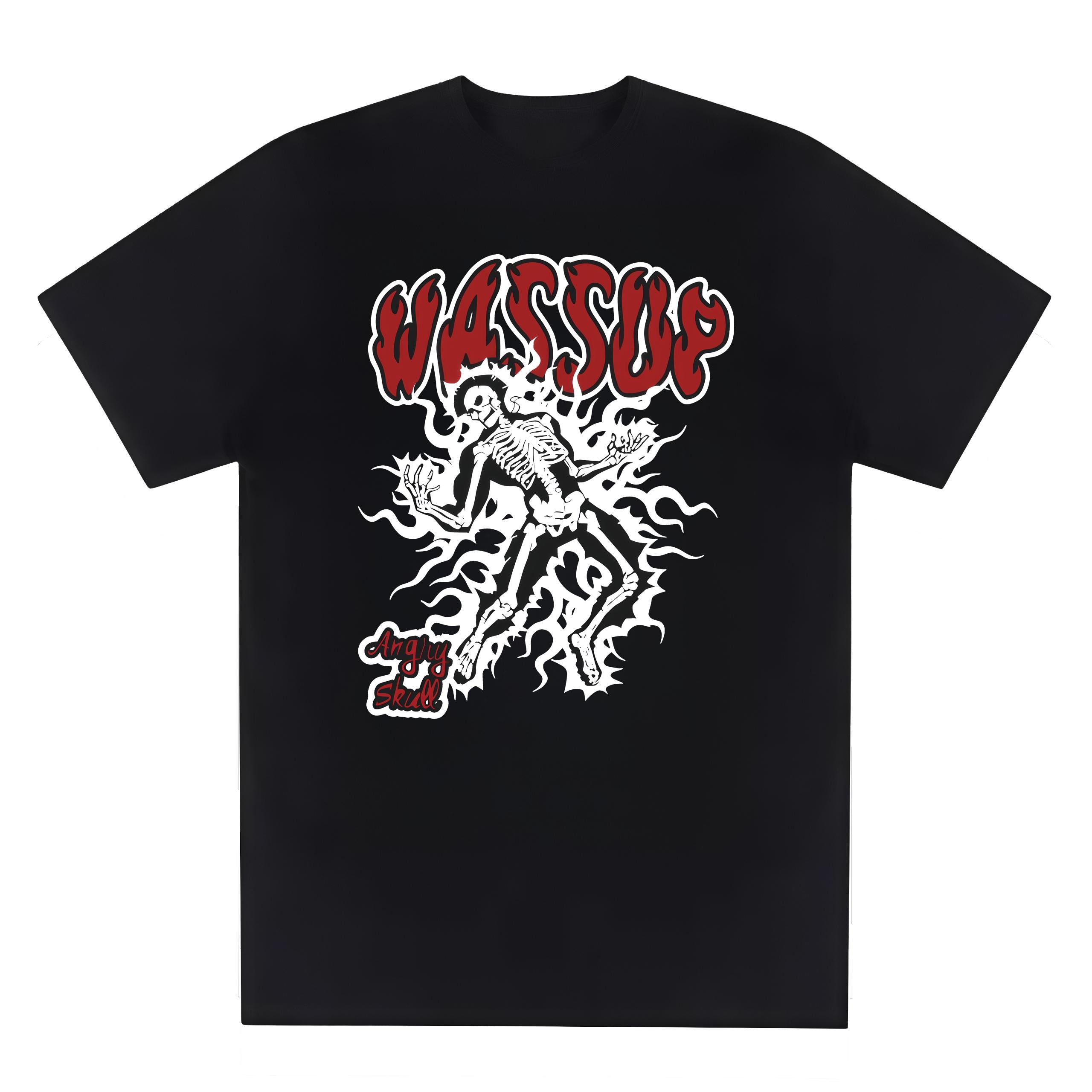 Casual T-Shirt for Men with Y2K Style Skeleton and Flame Graphic, Crew Neck, Short Sleeve
