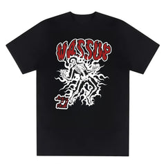 Casual T-Shirt for Men with Y2K Style Skeleton and Flame Graphic, Crew Neck, Short Sleeve
