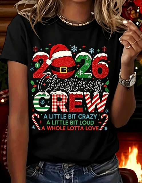 Christmas Crew 2026 Family Graphic T-Shirt, Women Casual Short Sleeve Crew Neck Tee，Holiday Xmas Top For Women