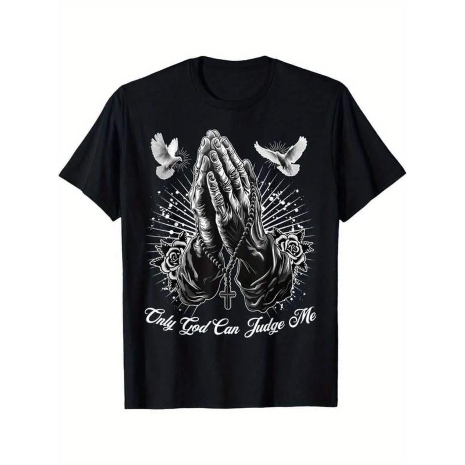 Men's Casual Cotton Short-Sleeve Round Neck T-Shirt - Streetwear Top, All-Season Wear, Featuring "Only God Can Judge Me" Slogan, Prayer Hands, Chicano Tattoo, Doves Design