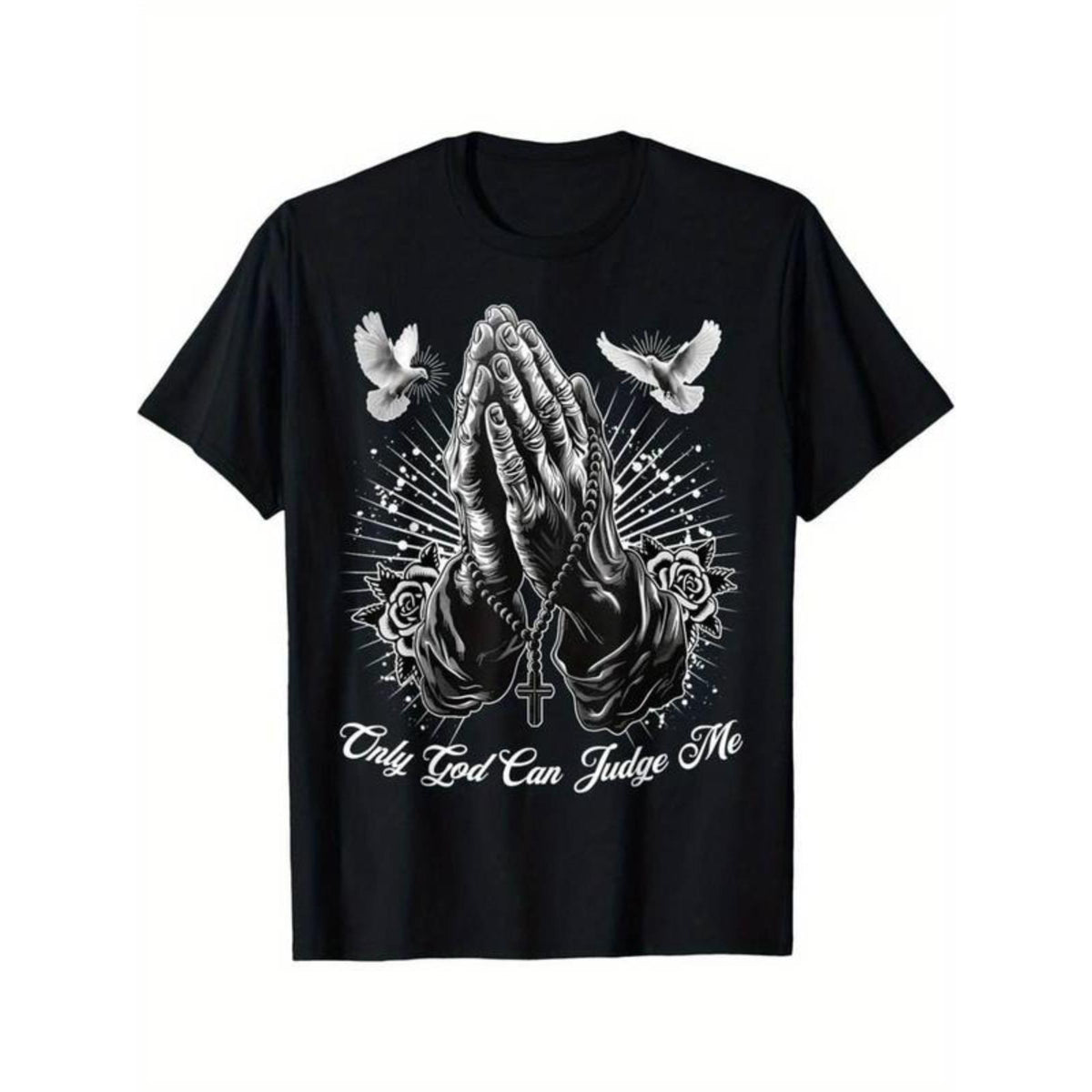 Men's Casual Cotton Short-Sleeve Round Neck T-Shirt - Streetwear Top, All-Season Wear, Featuring "Only God Can Judge Me" Slogan, Prayer Hands, Chicano Tattoo, Doves Design