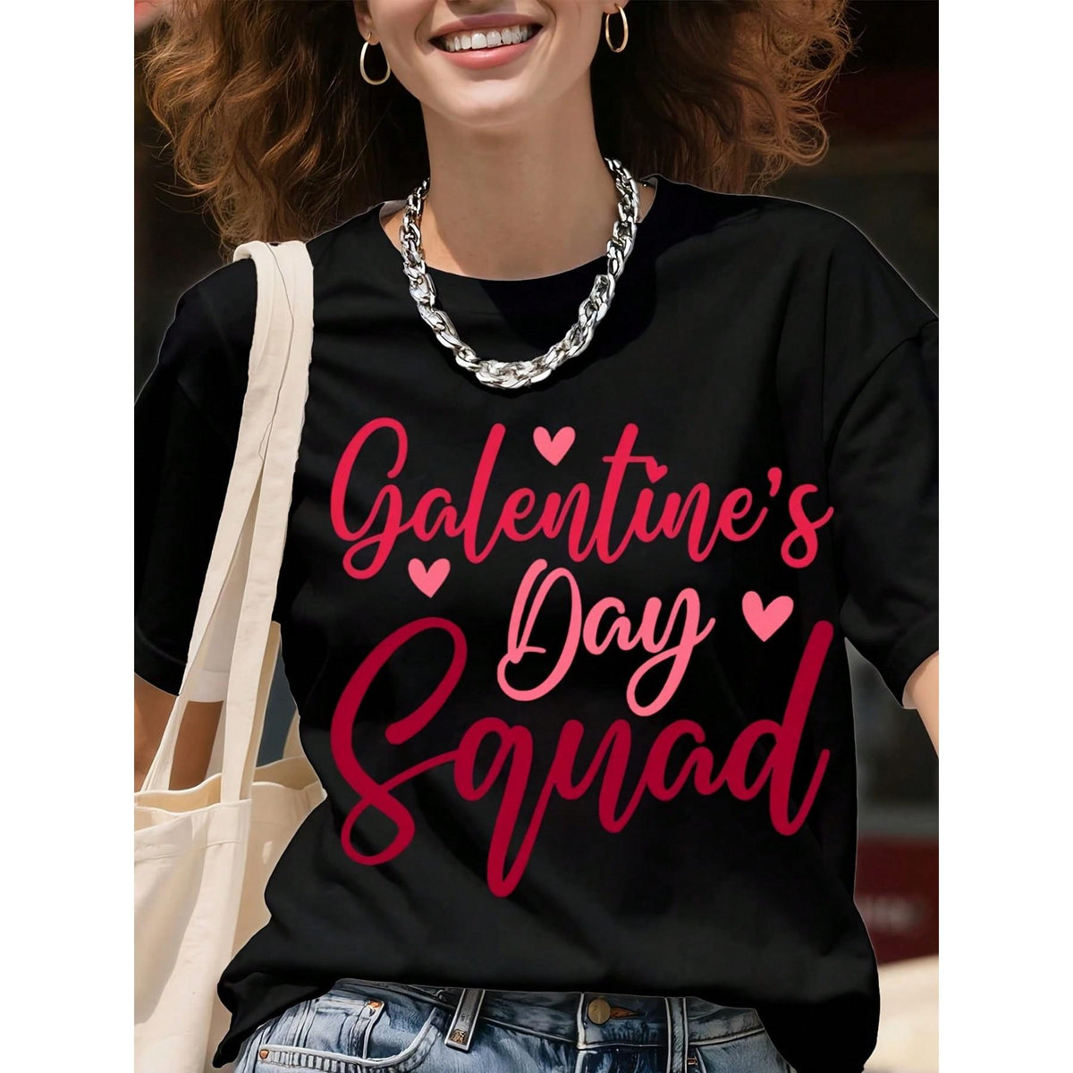Galentine's Day Squad Big Size White T-Shirt For Women Plus Size Valentine's Day Gift Top Female Crewneck Casual Shirt With Hearts Design