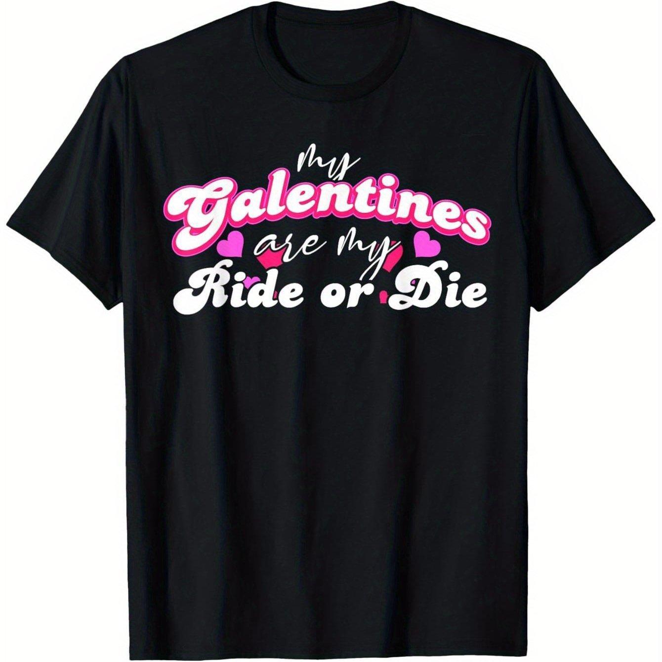 1pc Women'S "My Galentines Are My Ride or Die" 2024 Gang T-Shirt - 100% Cotton Black Short Sleeve Tee with Pink & Purple Heart Print, Casual Round Neck Top for Valentine'S Day, Anniversaries, Casual Attir