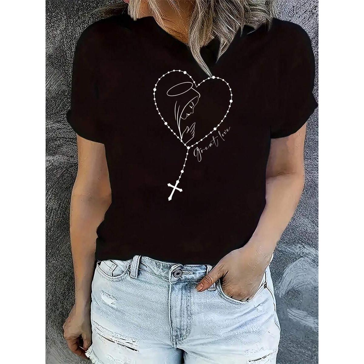 Women's Pure Cotton T-Shirt With Religious Heart Rosary Design, Angel And Cross Print, Casual V-Neck Short Sleeve Top For Daily Wear Women's Casual And Stylish Short-Sleeved Printed Shirt
