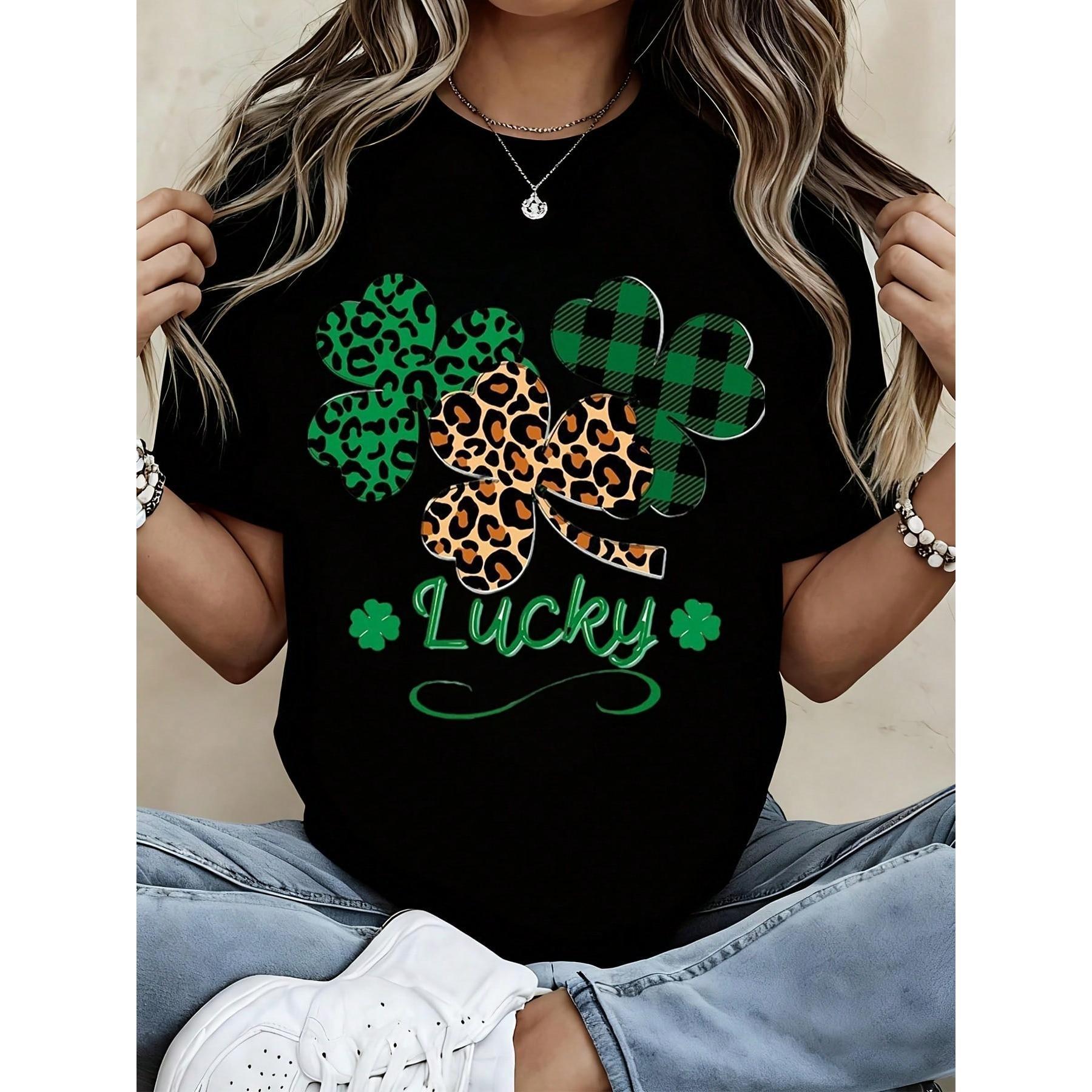Lucky Shamrock Leopard Print T Shirt St Patrick Day Costume Women Fashion Casual Top Lucky Clover Pattern Tee Shirt