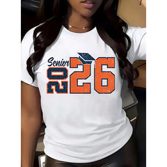 Class of 2026 Graduation T-Shirt - Senior Year Celebration Tee with Bold SENIOR Text Women's Casual Round Neck Shirt - Machine Washable Graduation Party Outfit Breathable Material, Unisex Apparel, High Seniors