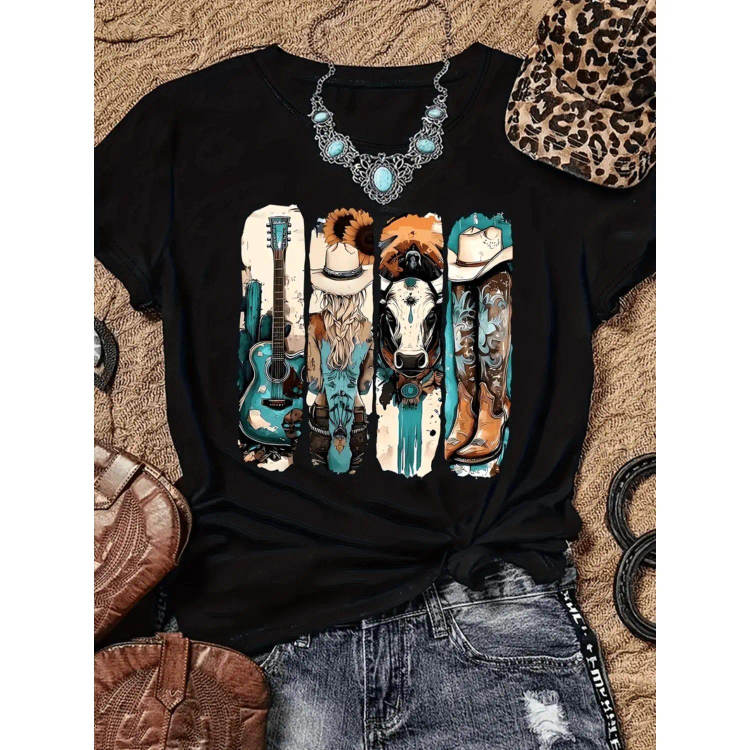 Vintage Western Cowboy Graphic T-Shirt For Women Featuring Boots Hats And Guitar Design In Soft Breathable Fabric Perfect For Casual Summer Wear