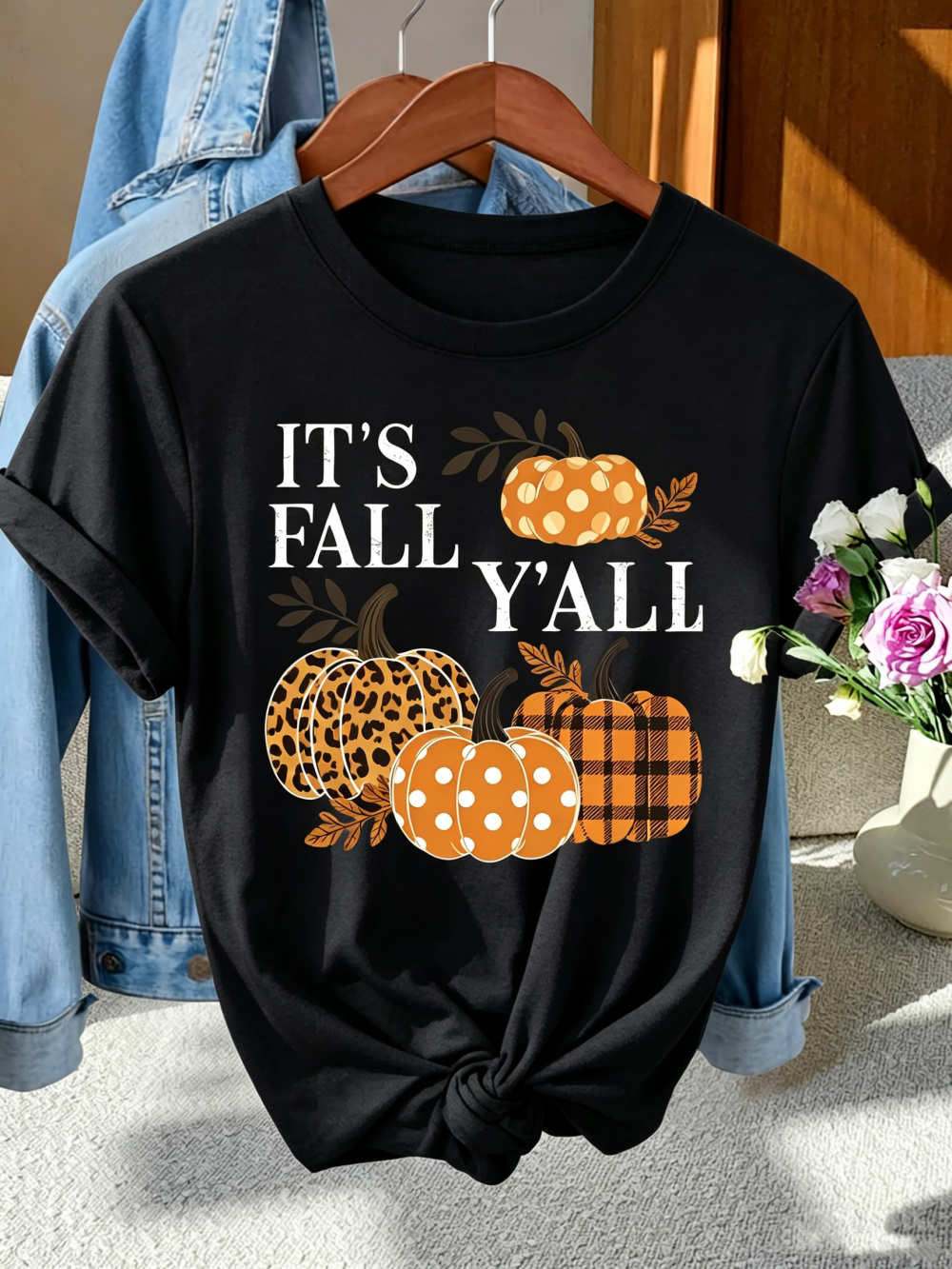 Women's It's Fall Y'all Graphic T-Shirt, Leopard Plaid Polka Dot Pumpkin Autumn Short Sleeve Crew Neck Tee for Thanksgiving Halloween