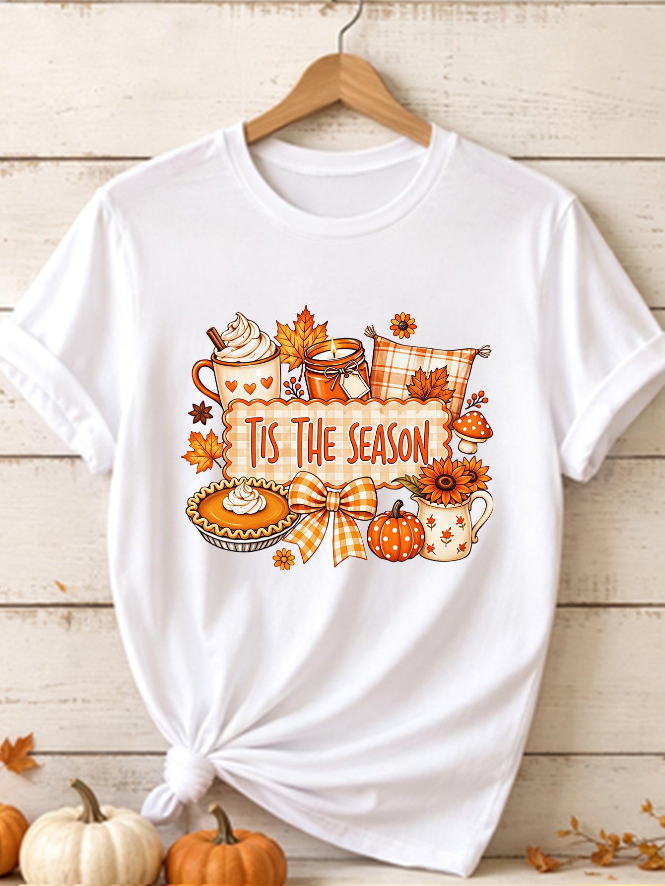 Women's Tis The Season T-Shirt Fall Pumpkin Pie Sunflower Maple Leaf Plaid Bow Graphic Tee Short Sleeve Crewneck Top