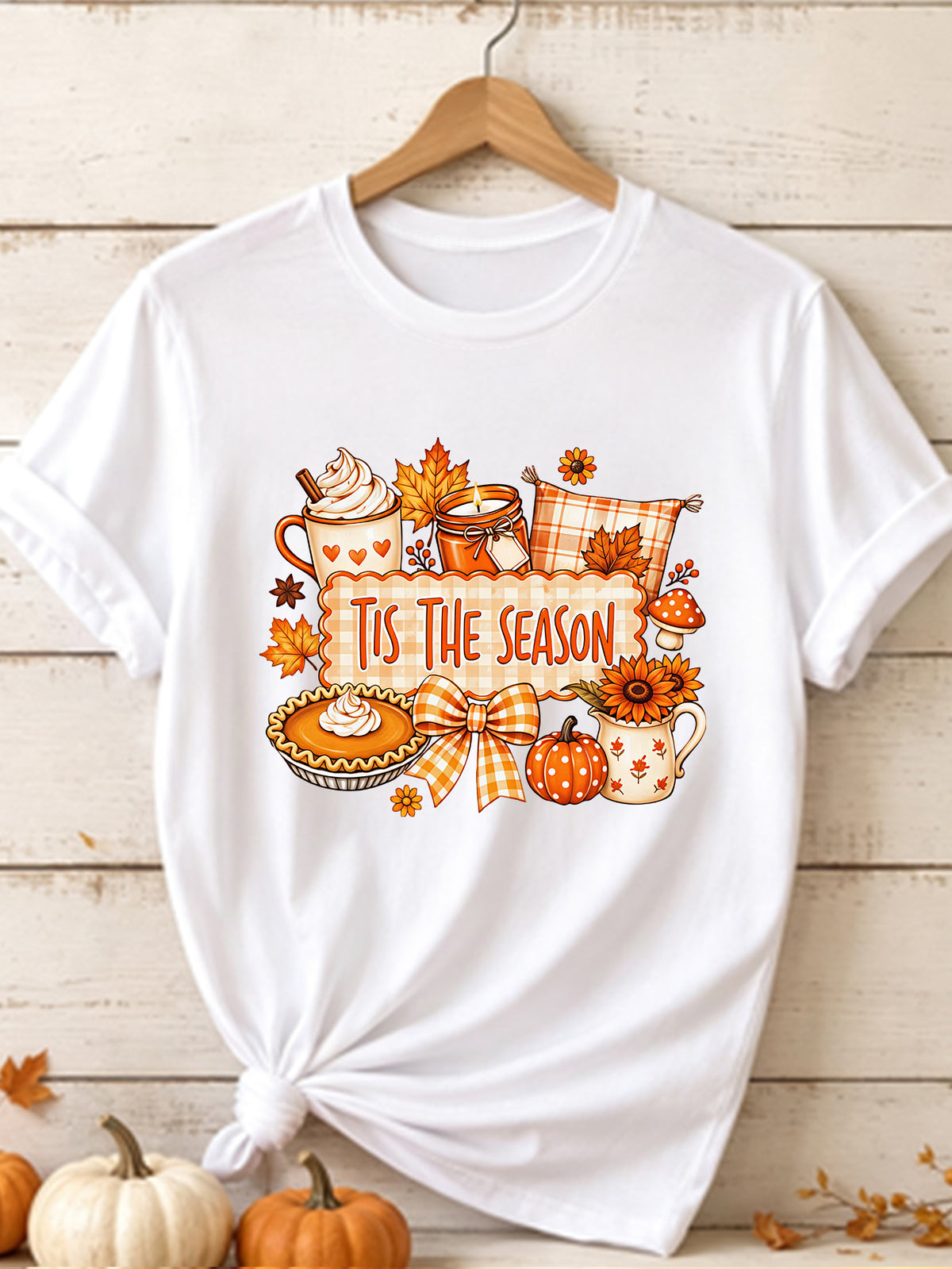 Women's Tis The Season T-Shirt Fall Pumpkin Pie Sunflower Maple Leaf Plaid Bow Graphic Tee Short Sleeve Crewneck Top