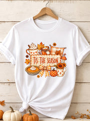 Women's Tis The Season T-Shirt Fall Pumpkin Pie Sunflower Maple Leaf Plaid Bow Graphic Tee Short Sleeve Crewneck Top