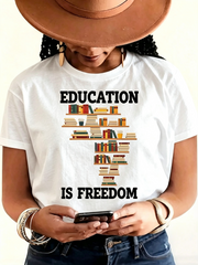 Education Is Freedom Book Shelf Graphic T‑Shirt Inspirational Casual Short Sleeve Tee For Book Lovers