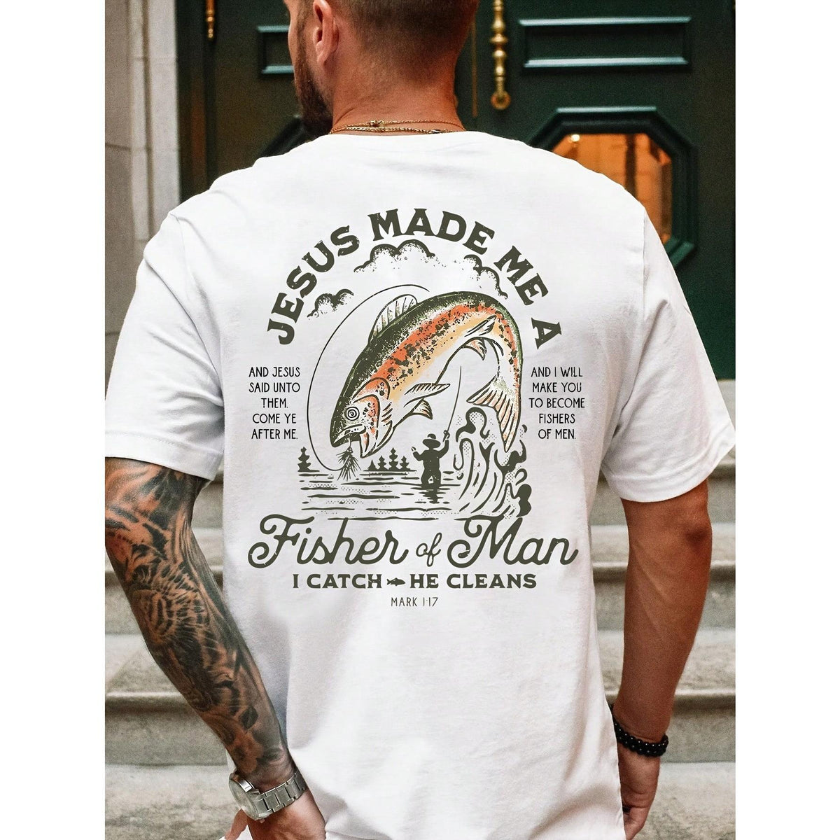Fisherman Graphic Print T-Shirt Men's Casual Style Summer And Autumn Slightly Elastic Round Neck T-Shirt