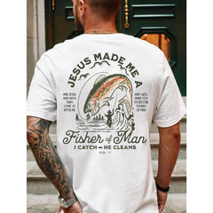 Fisherman Graphic Print T-Shirt Men's Casual Style Summer And Autumn Slightly Elastic Round Neck T-Shirt