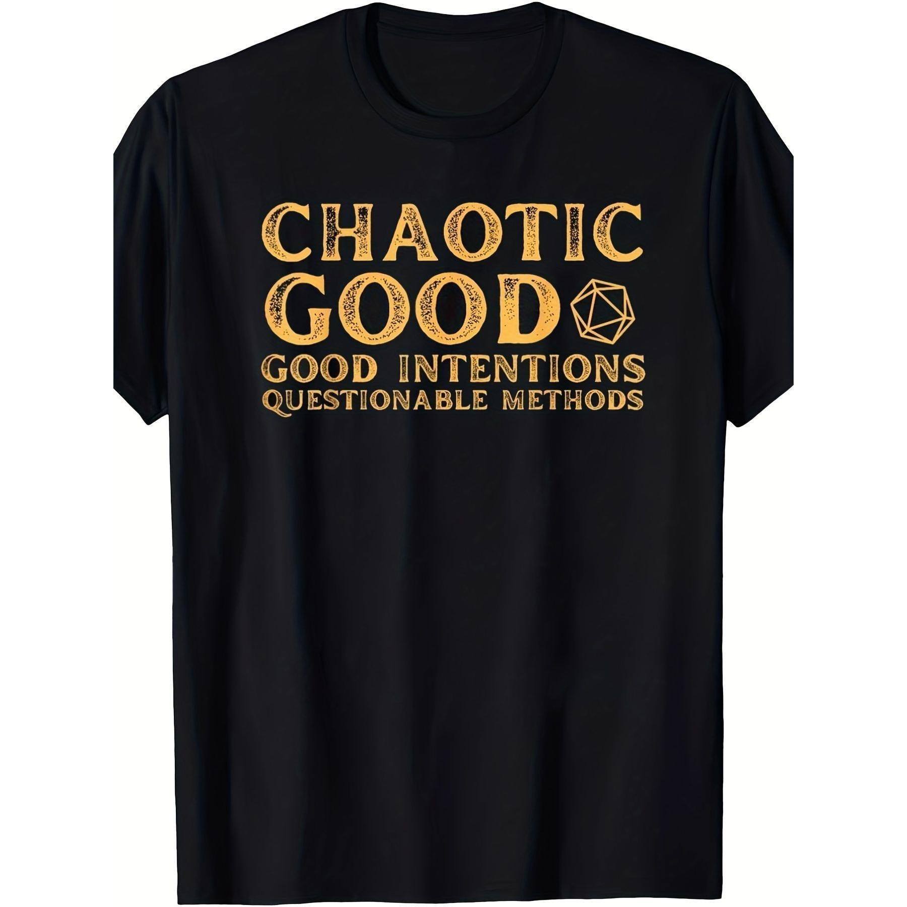 Chaotic Good Statement Plus Size T-Shirt - Black Short Sleeve Tee with Golden Distressed Print, Perfect for RPG Players and Casual Wear, Eye-Catching Design for Unique Style and Self-Expression