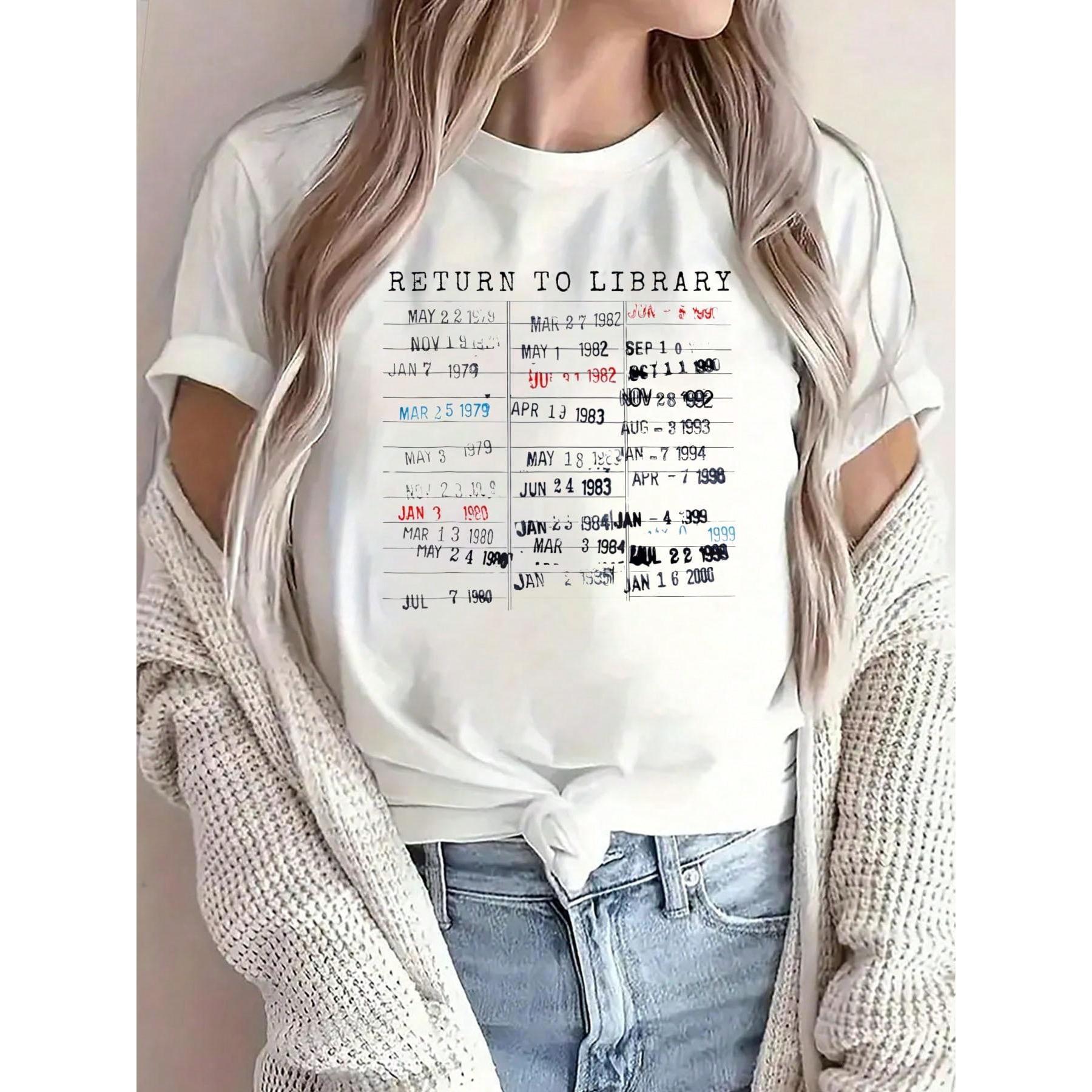 100% Cotton Library Card Due Date Stamp Book Lover Reading Vintage Read T-Shirt Printed O-Neck Casual T Shirt Women's Clothing