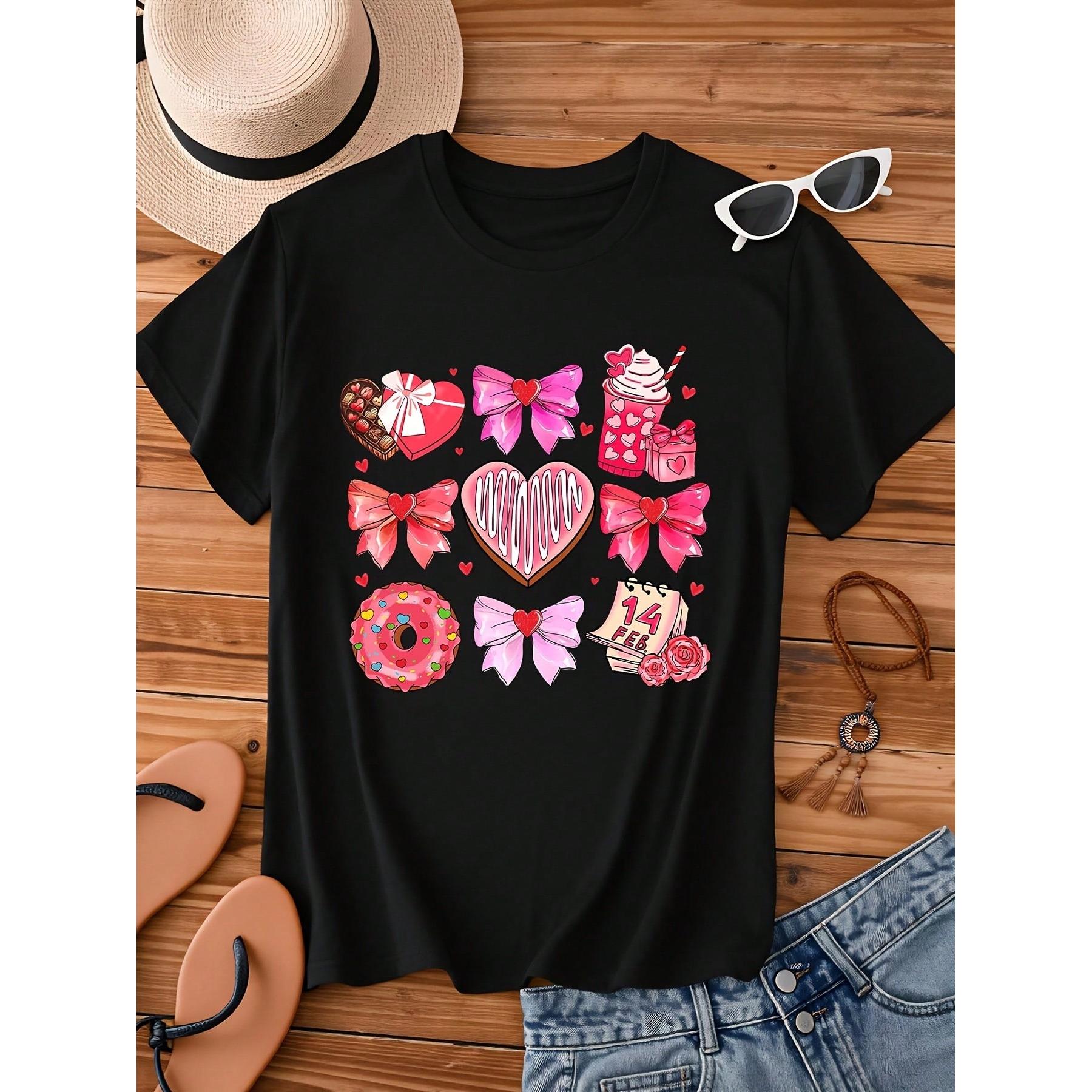 Valentine's Day Sweet Heart T-Shirt With Candy Bow Donut And Calendar Design For Women