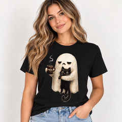 Ghost Cat Spooky Black Cat Funny Halloween Coffee Lover Shirt, Unisex Funny Halloween Shirt