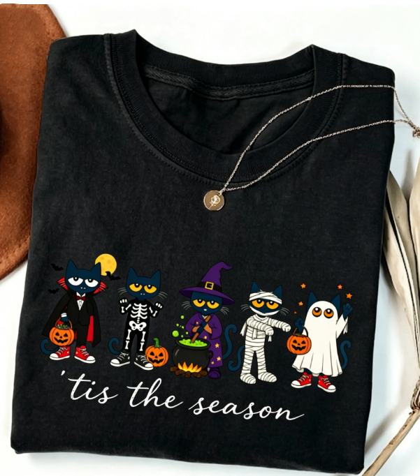 Halloween Black Cat Teacher Graphic T-Shirt, Tis the Season Funny School Tee, Cute Fall Classroom Short Sleeve Top, Gift for Teachers