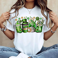 Women Casual T-Shirt White St Patrick Day Coffee Cup And Leprechaun Hat Design For Festival Celebration