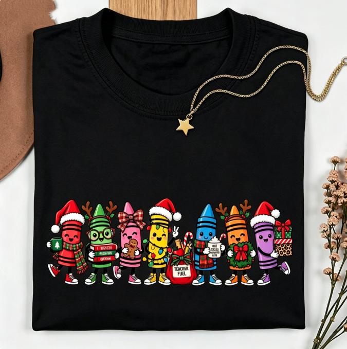 Women’s Cute Christmas Teacher Graphic T‑Shirt, Festive Classroom Holiday Crew Neck Short‑Sleeve Casual Tee with School Character Print