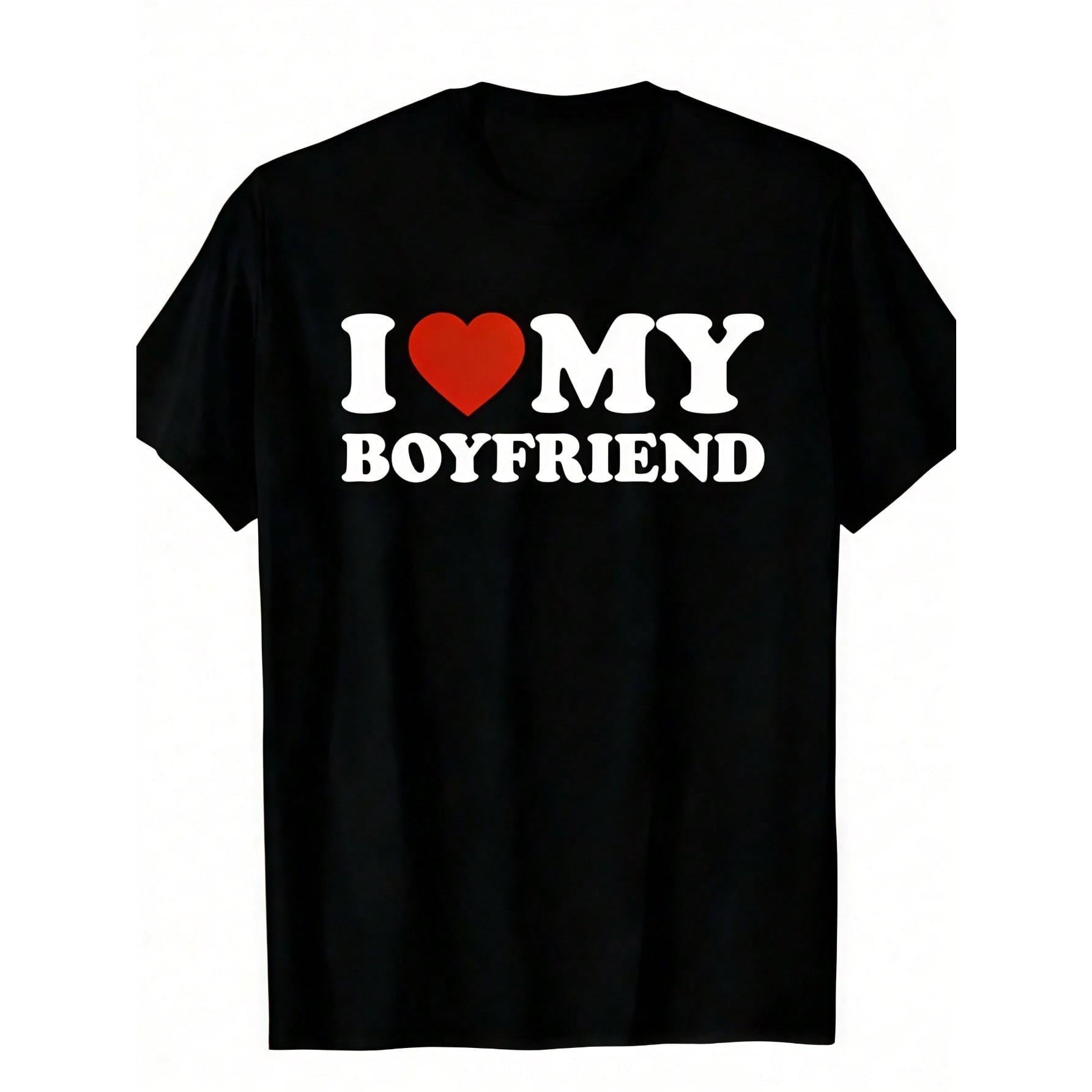 "I Love My Boyfriend" Men's T-Shirt - Valentine's Day Gift, 100% Cotton, Casual Crew Neck Short Sleeve T-Shirt, Black Background With White Text And Red Heart Design, Sizes S-5XL, Valentine's Day T-Shirt