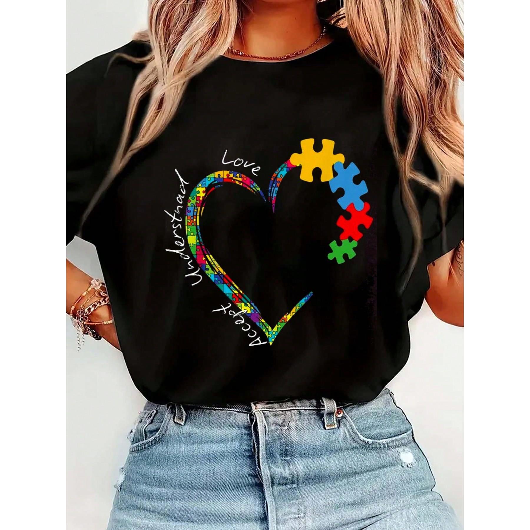 100% Cotton Accept Love Understand Autism Support Funny Autism Awareness T-Shirt Women's Men's Streetwear Graphic Tee Black Crew Neck Vacation Tops