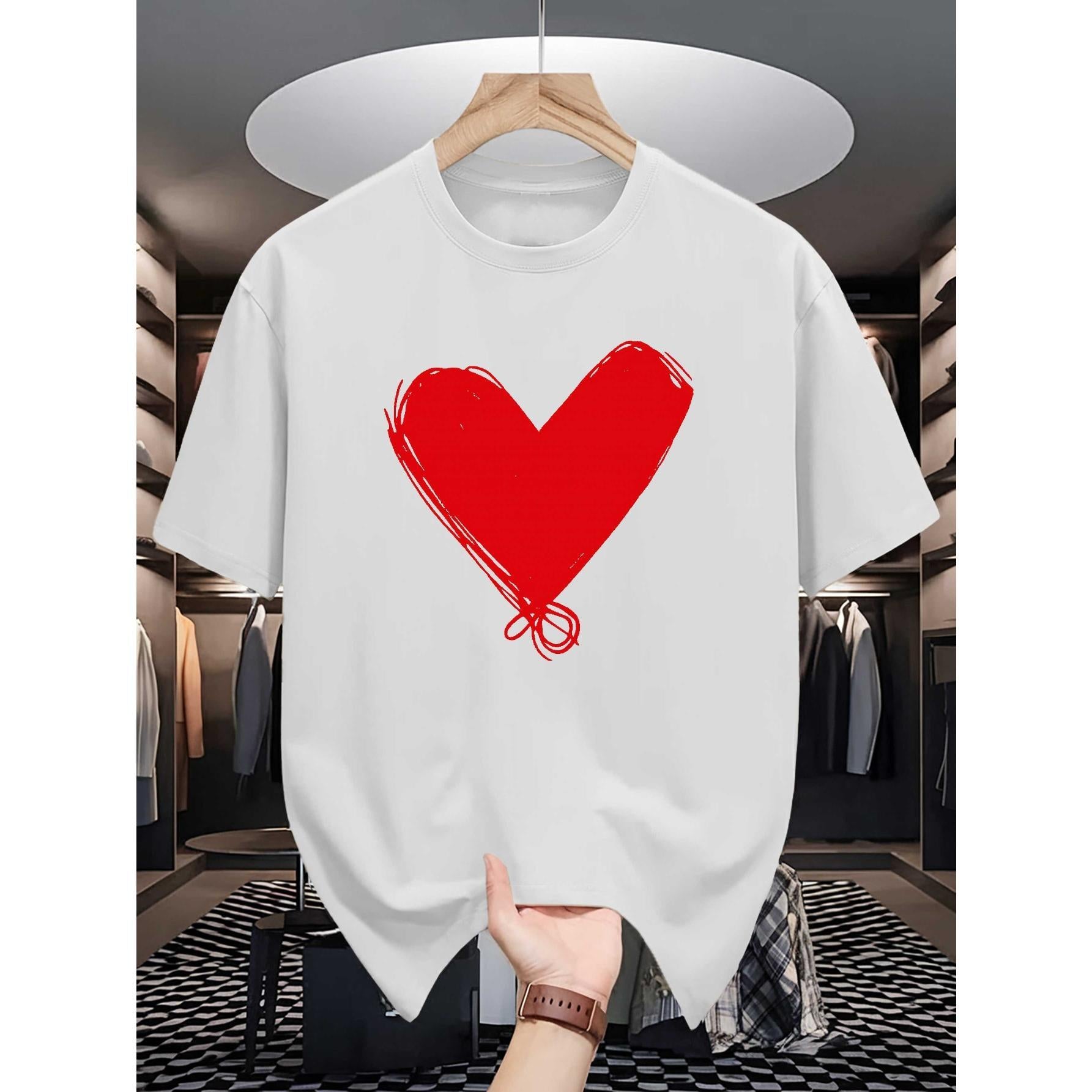 Men'S Red Heart Print T-Shirt - Short Sleeve Crew Neck Casual Top| Minimalist White Heart-Shaped Design| Versatile for Daily Formal Wear