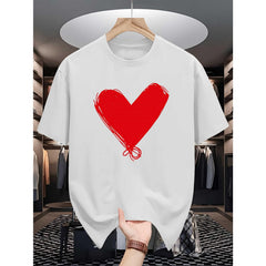 Men'S Red Heart Print T-Shirt - Short Sleeve Crew Neck Casual Top| Minimalist White Heart-Shaped Design| Versatile for Daily Formal Wear