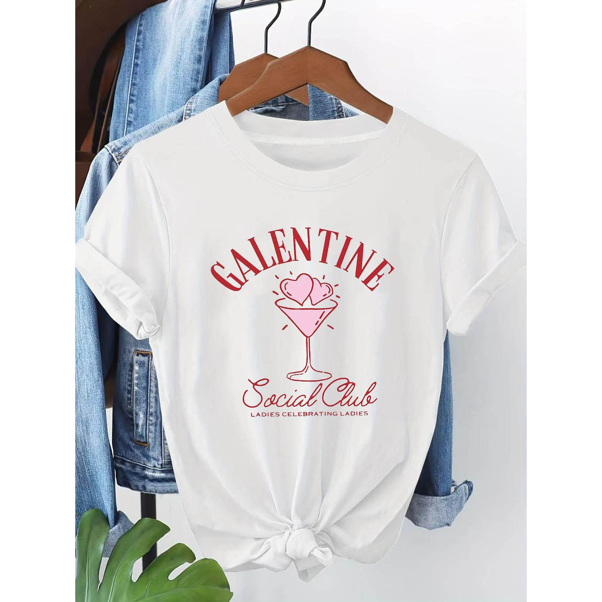 Outfit with "GALENTINE" Heart Print, Short Sleeve Crew Neck Spring Summer Casual Top for Galentines Day, Matching Outfits & Group Events