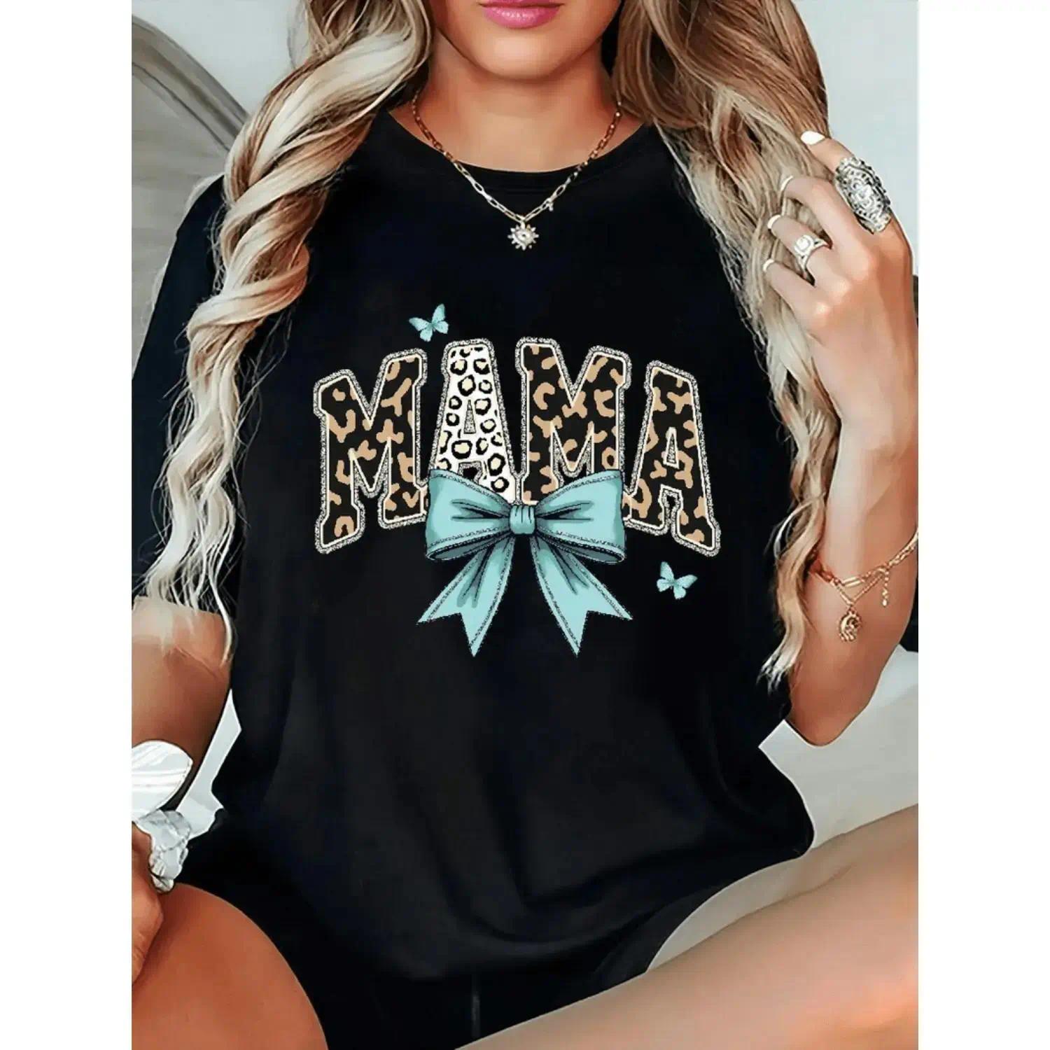 Women's Graphic T-Shirt - Leopard Print MAMA Design with Teal Bow, Butterflies, Shortsleeve Round Neck, Casual Streetwear Top for Spring, Summer, Machine-Washable
