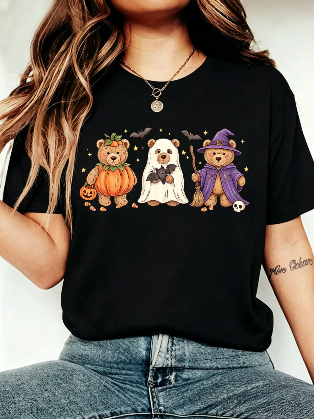 Women's Halloween Teddy Bear Pumpkin Ghost Witch Graphic T-Shirt