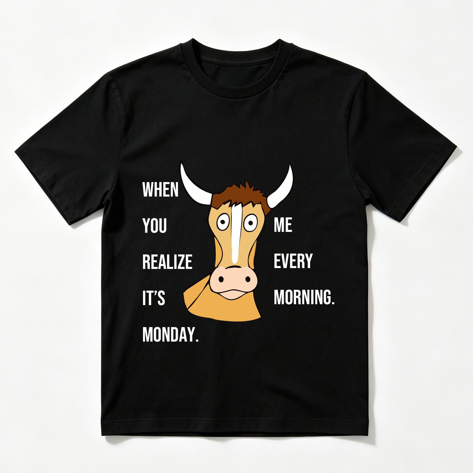 Funny Monday Cow Reaction Graphic T-Shirt, Relatable Humor Casual Unisex Tee Me Every Morning When It’s Monday Printed Shirt, Funny Cow Streetwear Tops gift for wifey everyday