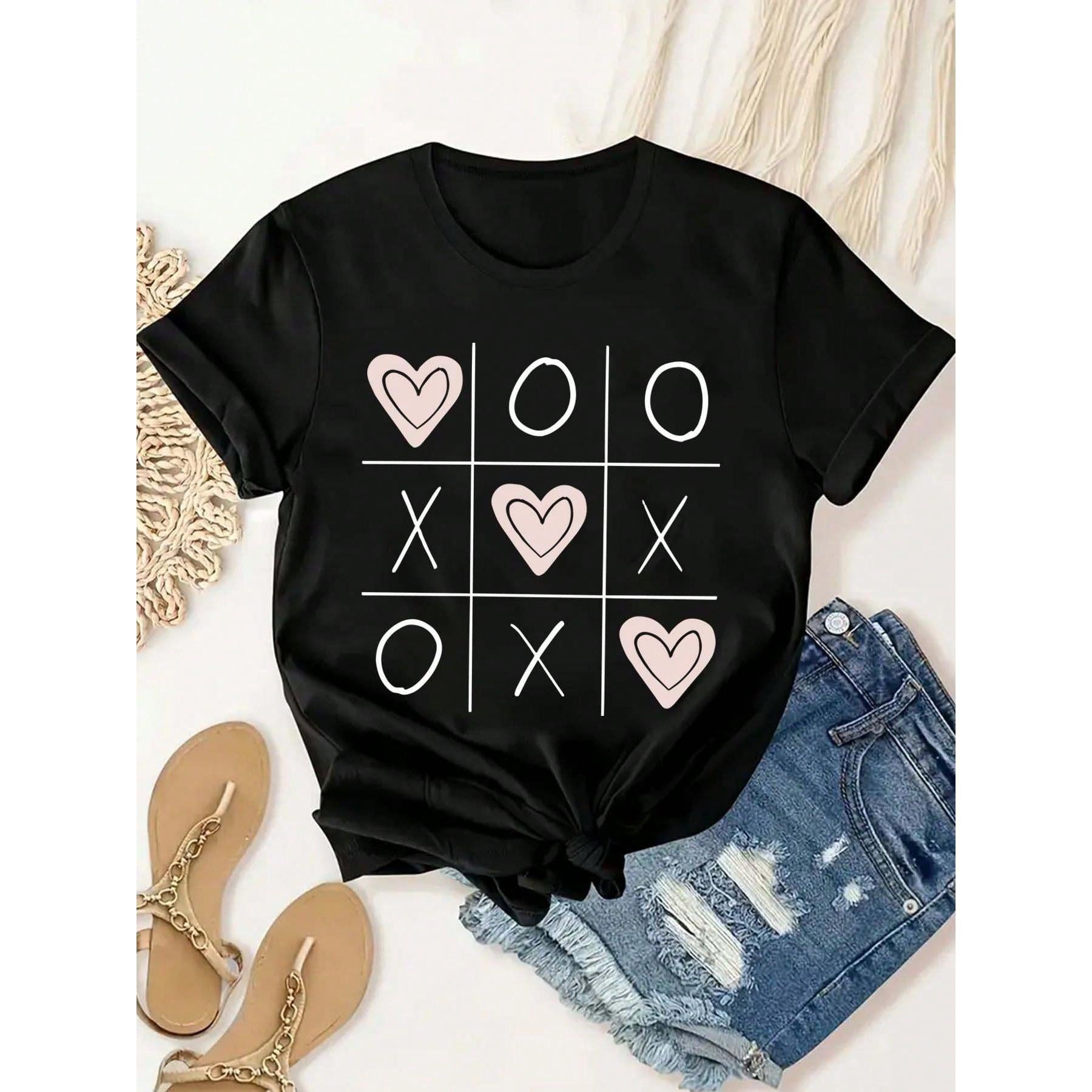 Valentine'S Day Theme Printed Women's-Shirt, Women'S Valentine'S Day Casual, Fashionable, Comfortable, Soft, Athletic, Fitness, Daily, Outdoor, Home, Breathable, Crewneck Short Sleeve-Shirt