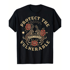 Men's Rabbit Folk Art The Vulnerable Resist Tyranny Graphic - with Golden Lettering Rabbit Design, Soft Short Sleeve Crew Neck Tee for Daily Wear, Halloween Christmas Gifts, SizesMen's Sports and Leisure Short Sleeved Shirt, Lightweight and Energetic