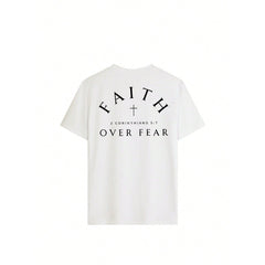 Standard "Faith Overcomes Fear" Christian Inspirational Graphic T-Shirt, Comfortable 2026 Casual Short Sleeve Crew Neck Faith Apparel Black Summer