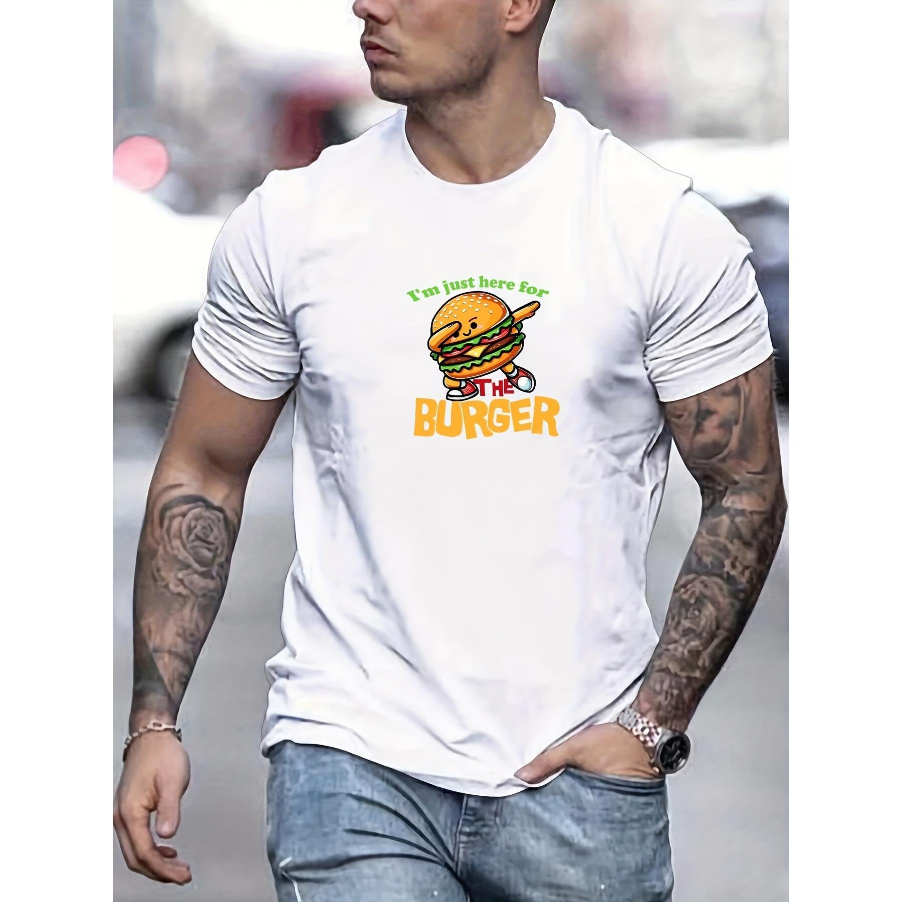 "I'm Just Here for the Burger" Graphic Casual T-Shirt - Summer Short Sleeve Round Neck Tee with Hamburger Design, Fun Meal Attire
