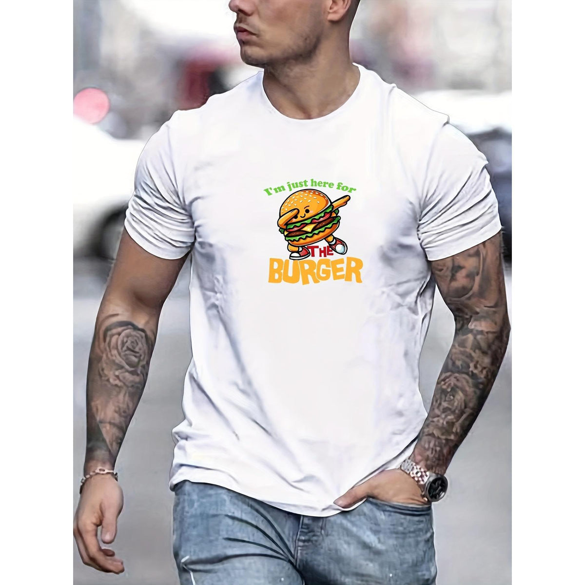 "I'm Just Here for the Burger" Graphic Casual T-Shirt - Summer Short Sleeve Round Neck Tee with Hamburger Design, Fun Meal Attire