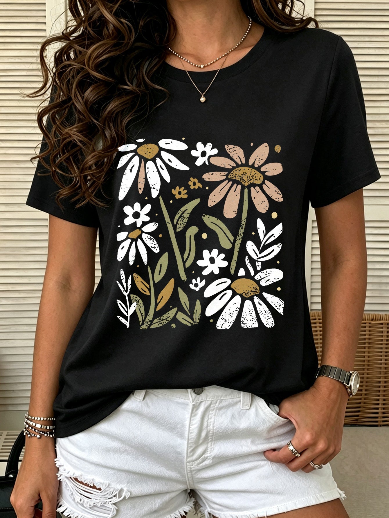 Glissea Women's Casual Vintage Floral Print Slim Fit Short Sleeve T-Shirt Graphic Tees Women Tops Everyday Dark Grey Summer