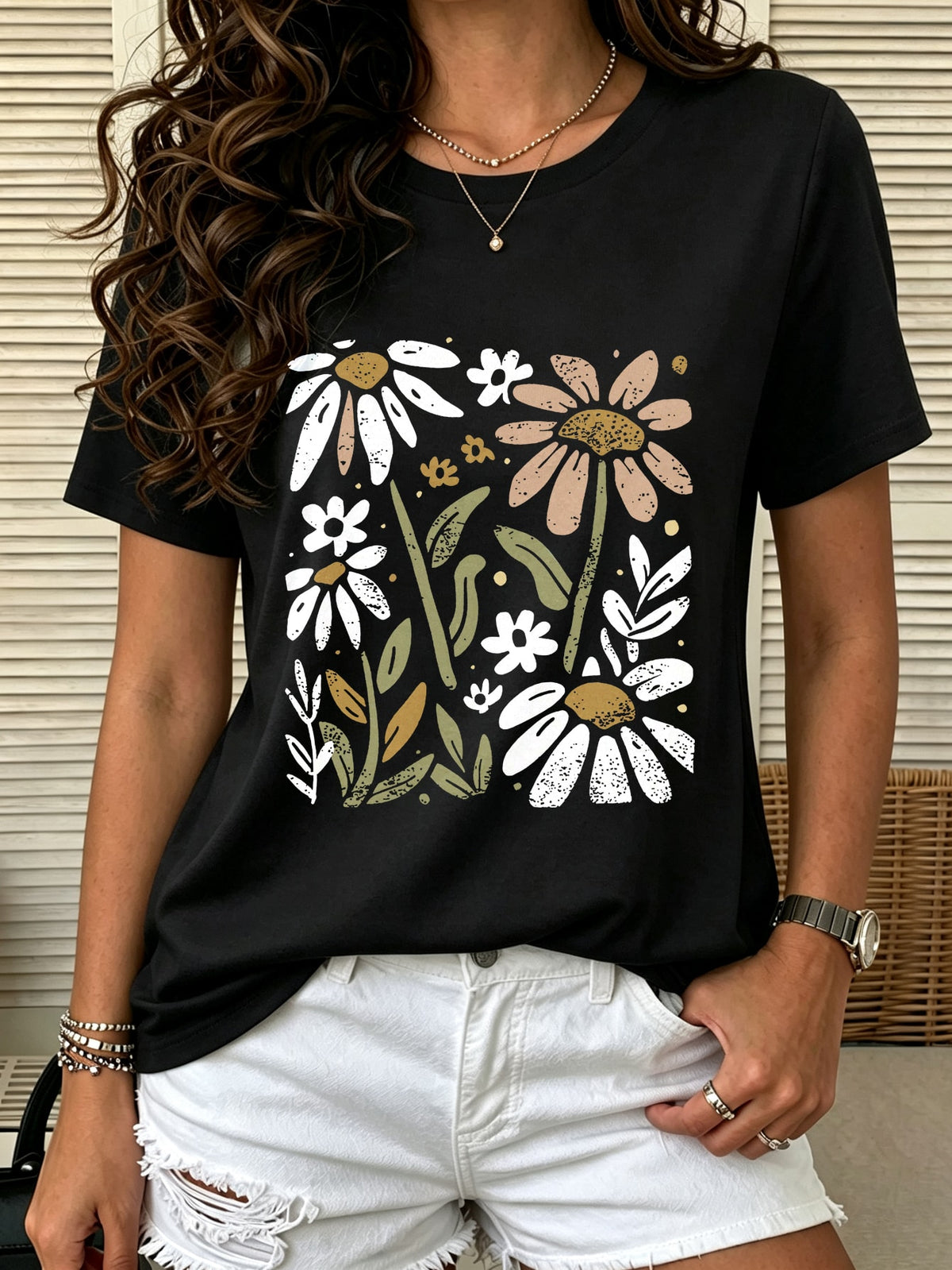 Glissea Women's Casual Vintage Floral Print Slim Fit Short Sleeve T-Shirt Graphic Tees Women Tops Everyday Dark Grey Summer