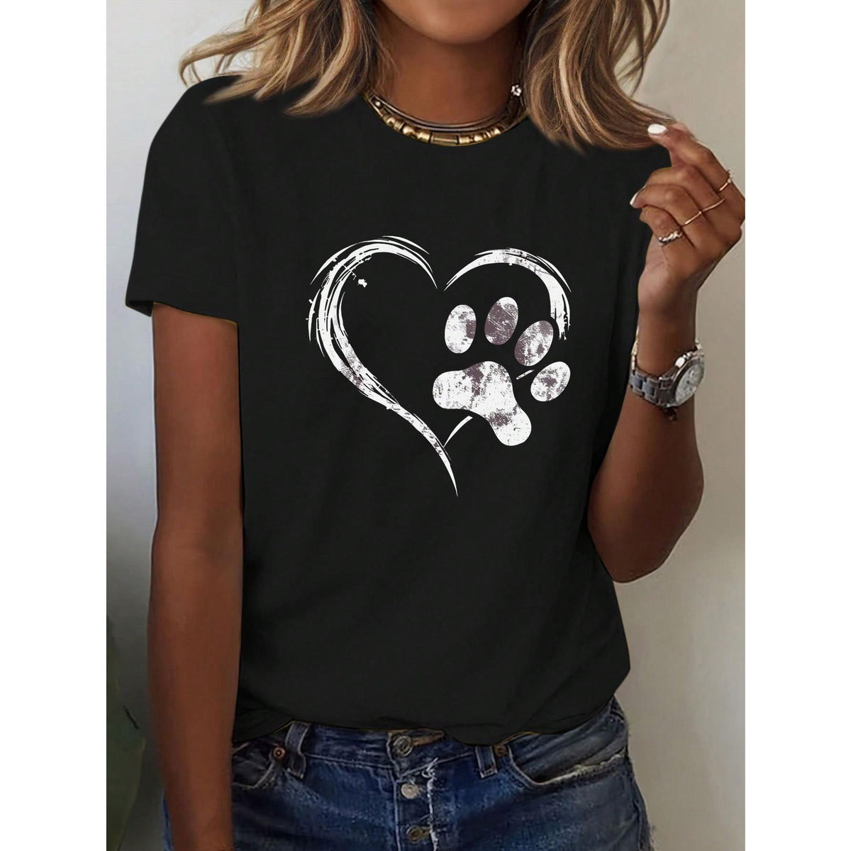 Women's Casual Short Sleeve T-Shirt With Dog Paw And Heart Print, Round Neck Top Graphic Tees Women Tops