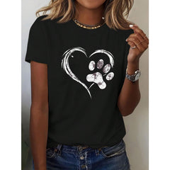Women's Casual Short Sleeve T-Shirt With Dog Paw And Heart Print, Round Neck Top Graphic Tees Women Tops