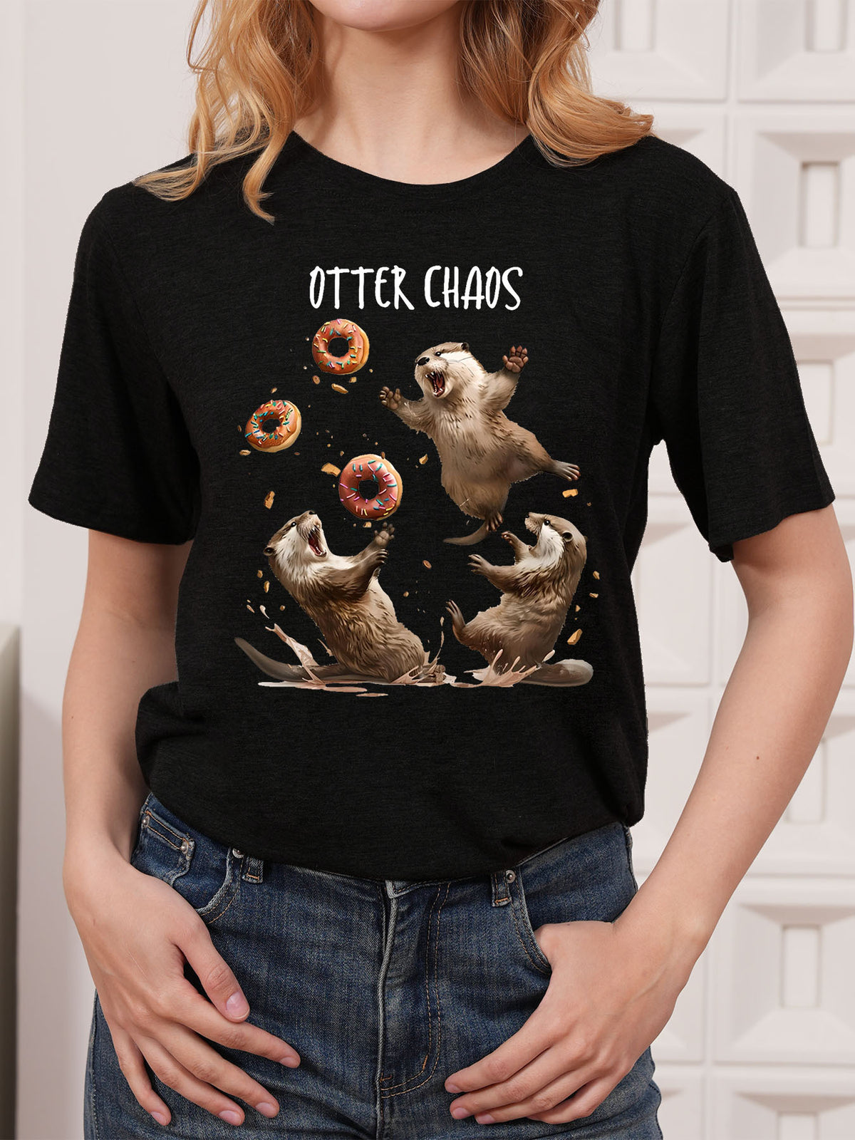 Sea Otters & Bagel Print T-Shirt, Funny Animal Pattern Short Sleeve Casual Top