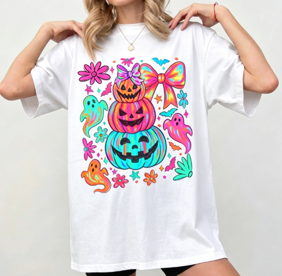 Women's Neon Halloween Graphic T-Shirt, Preppy Coquette Style Pumpkin Ghost Bat Bow Print Casual Crew Neck Fall Top