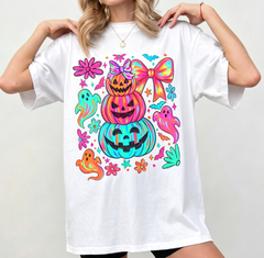 Women's Neon Halloween Graphic T-Shirt, Preppy Coquette Style Pumpkin Ghost Bat Bow Print Casual Crew Neck Fall Top