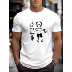 Men'S Casual Short Sleeve T-Shirt - Summer BBQ Graphic Print with Cartoon Character, Regular Fit Round Neck, Breathable Fabric